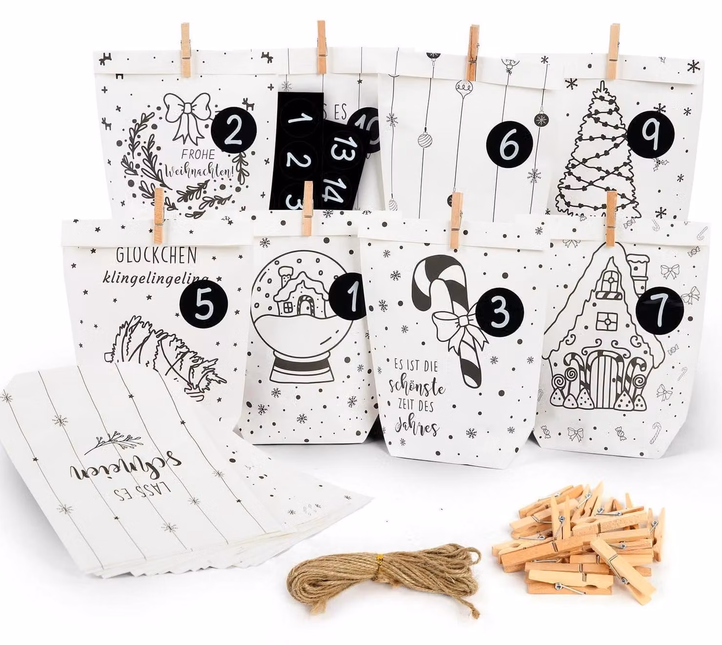 Calendario dell'Avvento da riempire, set con 8 design, corda di iuta e mollette di legno, colore bianco