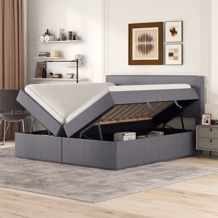 Flieks letto imbottito letto matrimoniale 140x200cm letto contenitore con rete a doghe, letto giovanile letto a molle con contenitore letto contenitore, grigio