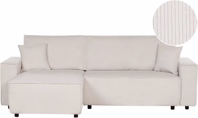 Divano angolare destro Beliani in velluto a coste bianco con funzione letto e schienale imbottito L: 247 cm x P: 147 cm x H: 95 cm