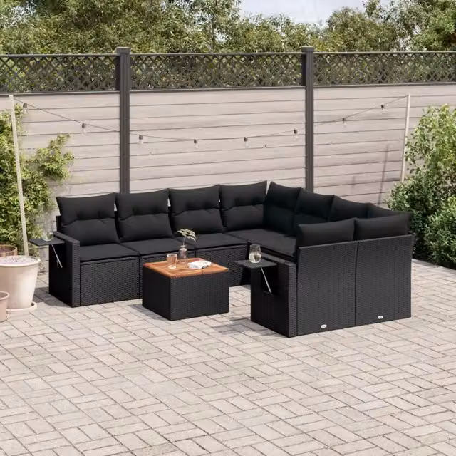 Set Divani da Giardino 9 pz con Cuscini Nero in Polyrattan 3256818