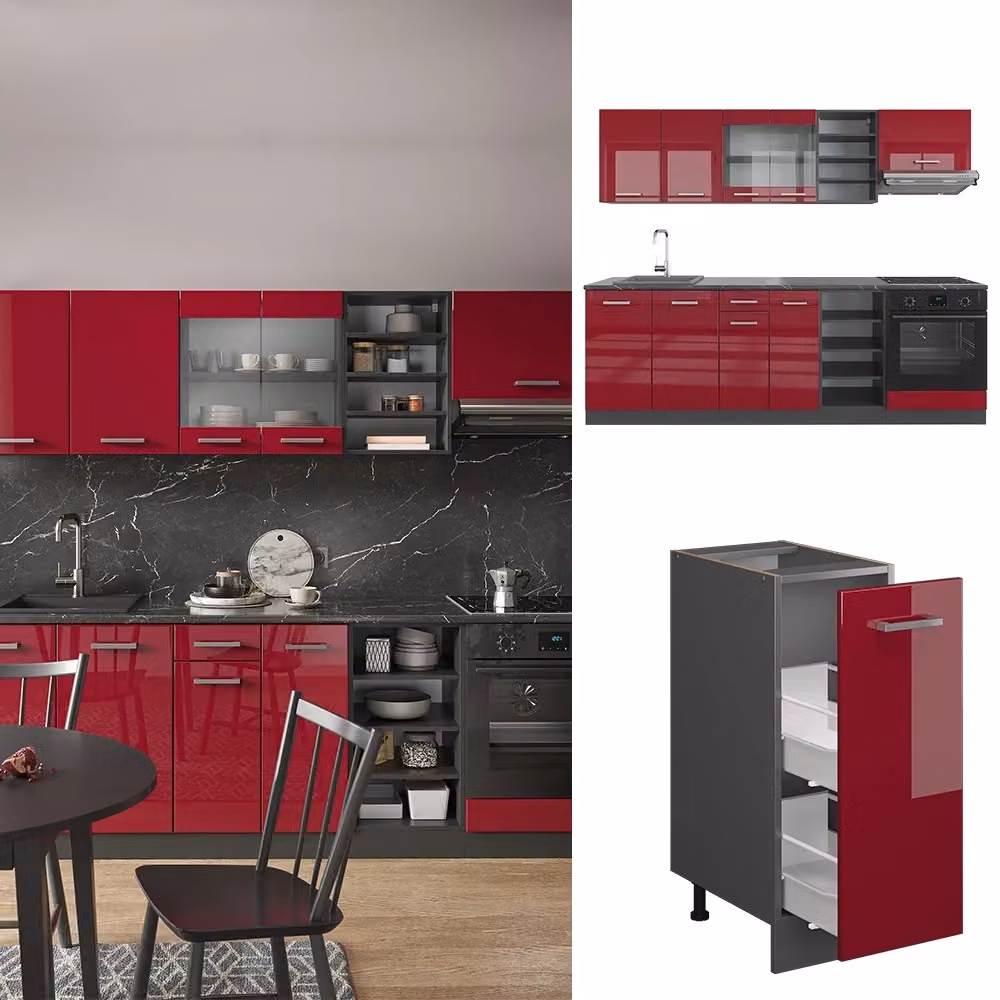 Cucina componibile moderna R-Line Vicco, Rosso lucido e Antracite, L: 240 cm, P: 60 cm, H: 206,8 cm – 2