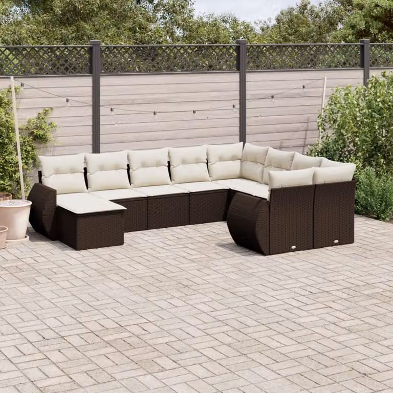 Set di divani da giardino vidaXL in polyrattan marrone con cuscini e tavolino da esterno