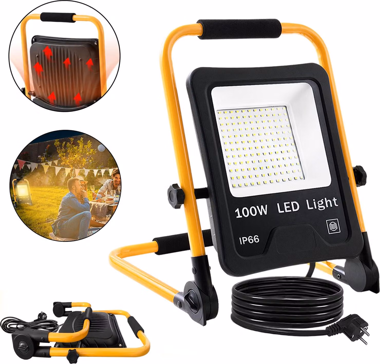 VA-Cerulean, faretto da costruzione a LED, 100W, 2800–3200 K, luce calda, grado di protezione IP66, cavo da 3 metri, base e maniglia per il trasporto, adatto per interni ed esterni