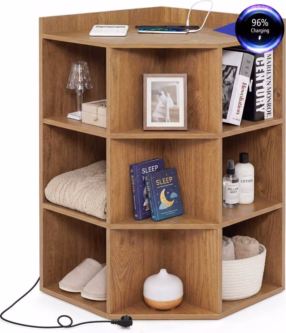 Libreria angolare con stazione di ricarica, 9 ripiani, 2 USB, 4 prese