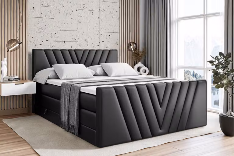 Letto boxspring ALTDECOR con pediera, 2 materassi e topper - 180x200 cm - ERNINA-Z KING - Pelle finta nera - Letto imbottito con materassi H3 e H4, contenitore e rete a doghe, letto con spazio contenitivo
