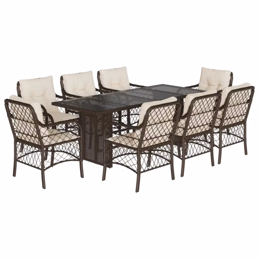 Set da Pranzo da Giardino vidaXL in Polyrattan Marrone e Bianco con Piano in Vetro, 9 Pezzi – 2