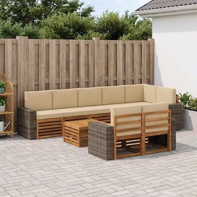 Set di divani da esterno a L vidaXL in legno di acacia con tavolo da caffè e cuscini, Beige e Marrone – 1