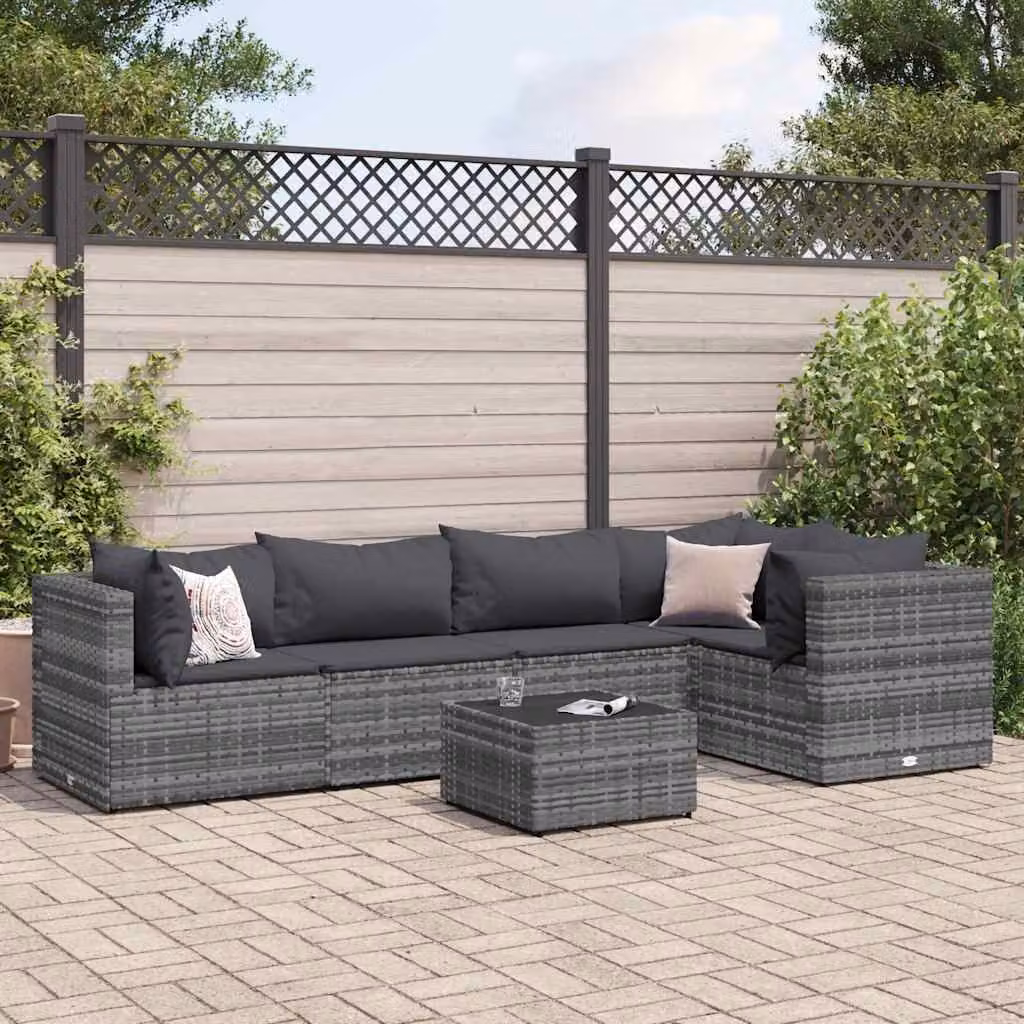 vidaXL Set Divani da Giardino 6 pz a Forma a L con Tavolino e Cuscini, Polyrattan e Metallo, Grigio Antracite – 1