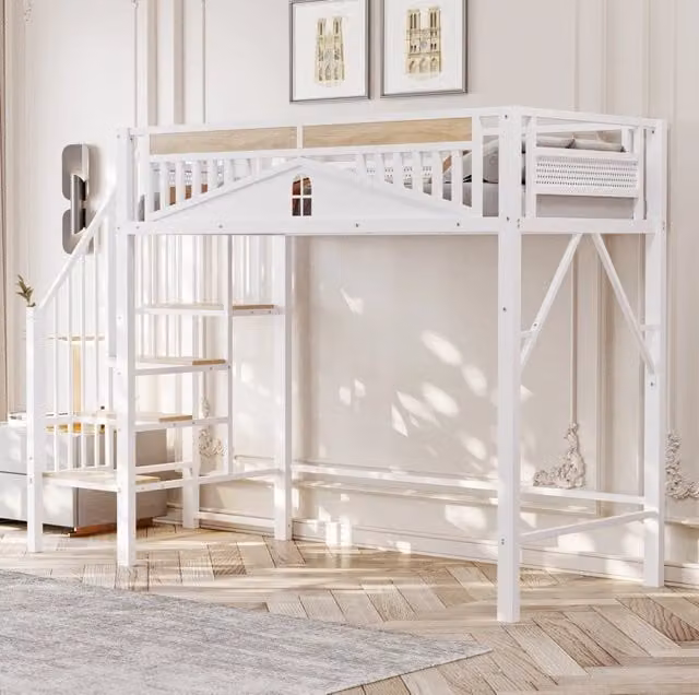 Letto a soppalco 90x200 cm bianco – con scala contenitore, senza materasso