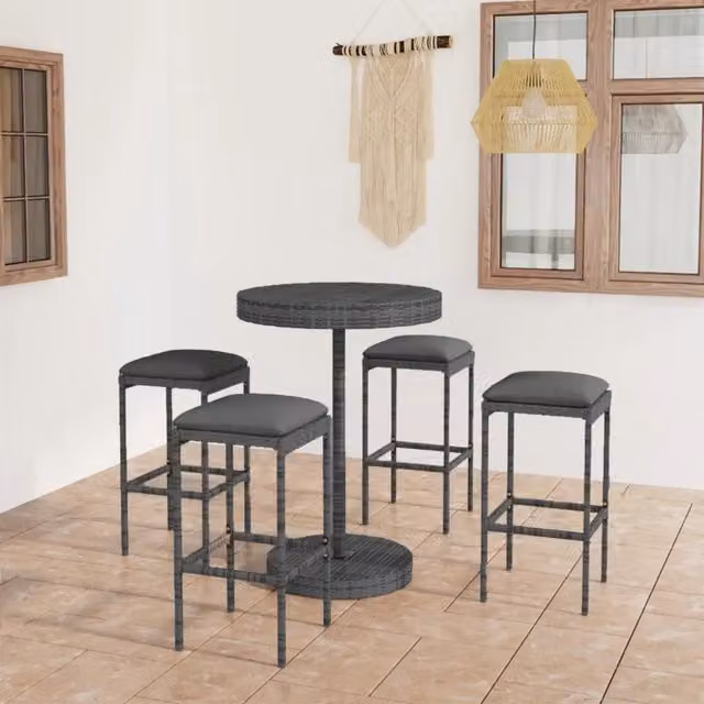 Set da Bar da Giardino vidaXL in Polyrattan Grigio con 5 Pezzi e Cuscini Rimovibili