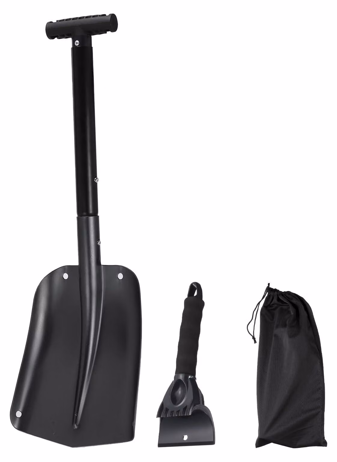 Pala neve multifunzione 3-in-1, pala neve in alluminio, raschietto per ghiaccio, kit per emergenze, set per spalare la neve con borsa portaoggetti, ideale per auto, campeggio, giardinaggio, colore nero