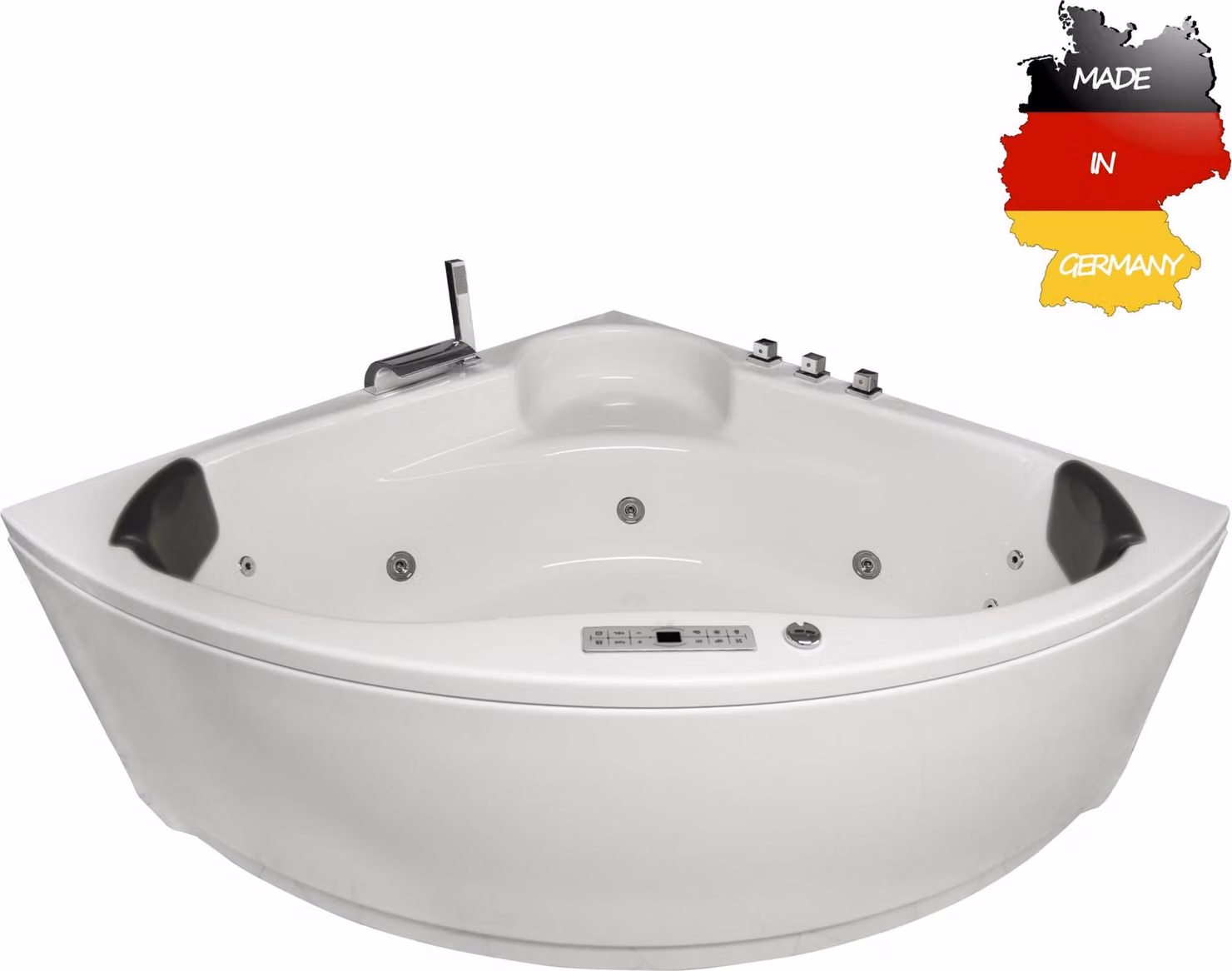 Vasca idromassaggio angolare per interni Basera CLASSIC Futuna 140 x 140 cm con 21 getti massaggianti, cascata, ambiente LED, touch panel, Bluetooth e radio