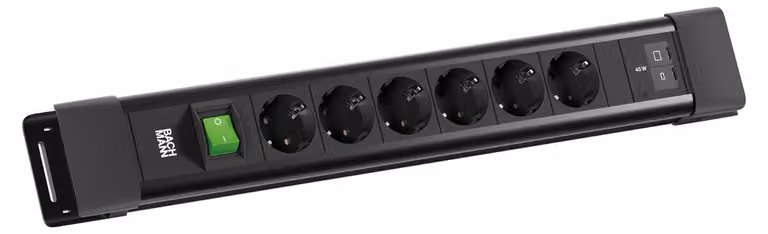 BACHMANN CONNECTUS 6xCEE7/3, 1 interruttore, 1 porta USB-C/C da 45 W, lunghezza 2,0 m, CEE7/7, nero