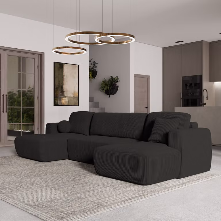 Divano angolare SENTUM P di Masseno con funzione letto a U, divano con box letto, divano da salotto, divano, divano, divano letto, set di divani - nero, POSO 135