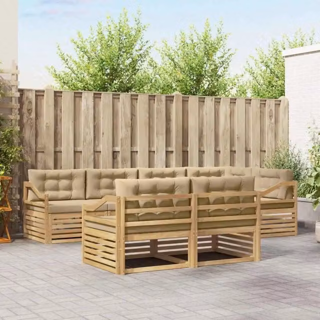 Set di divani da esterno a L vidaXL in legno di acacia con cuscini bianchi e beige