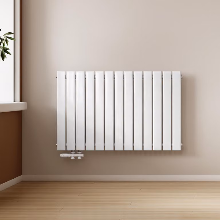Radiatore EMKE orizzontale, radiatore a pannello di design 630x1000mm bianco monostrato piatto con collegamento laterale, 730W senza elemento riscaldante