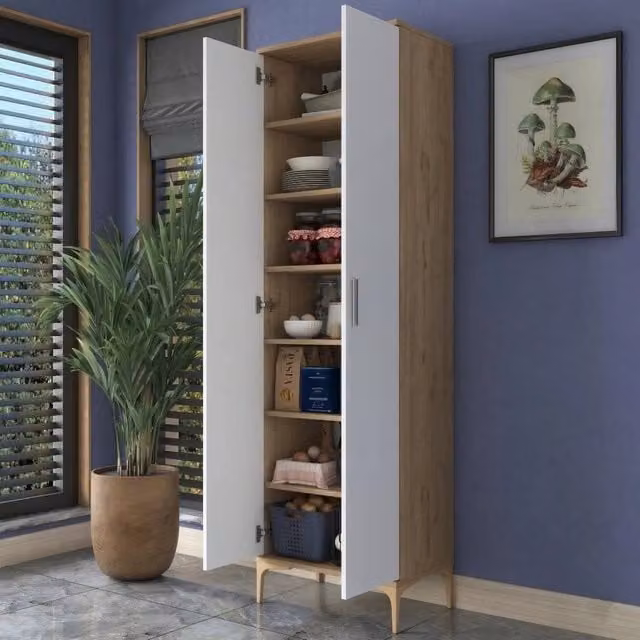 Armadio Multiuso DMORA con 2 Ante e 7 Ripiani, Colore Marrone Rovere e Bianco, L/P/H: 60 x 38 x 199 cm