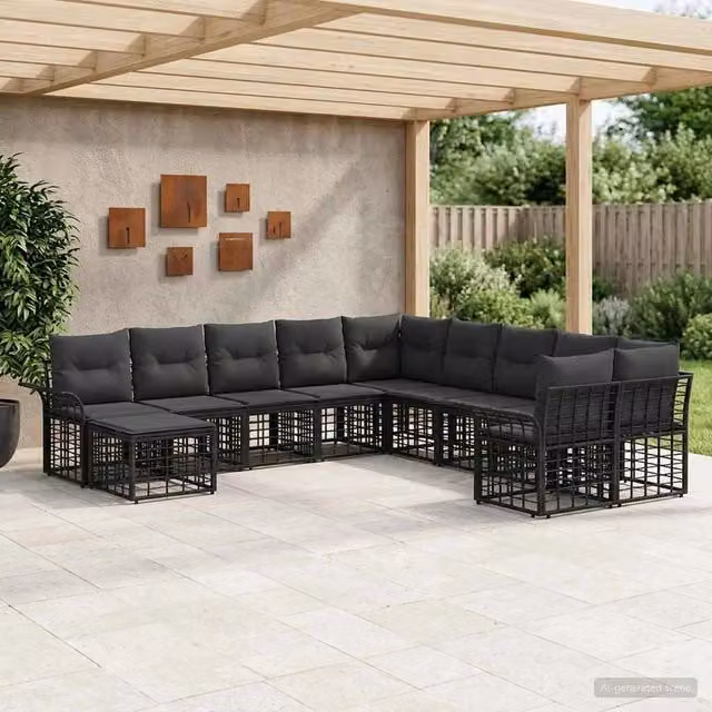 Set di divani da esterno 11 pz Nero e Grigio scuro Poliestere 3437821