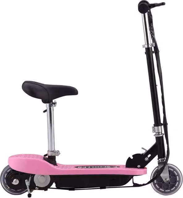 Monopattino elettrico pieghevole con sedile rosa e nero, dotato di batteria ricaricabile e altezza regolabile