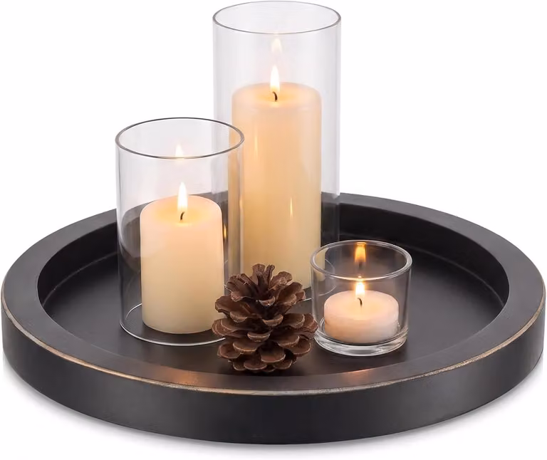 Vassoio decorativo nero, rotondo: vassoio in legno per candele, diametro 28 cm