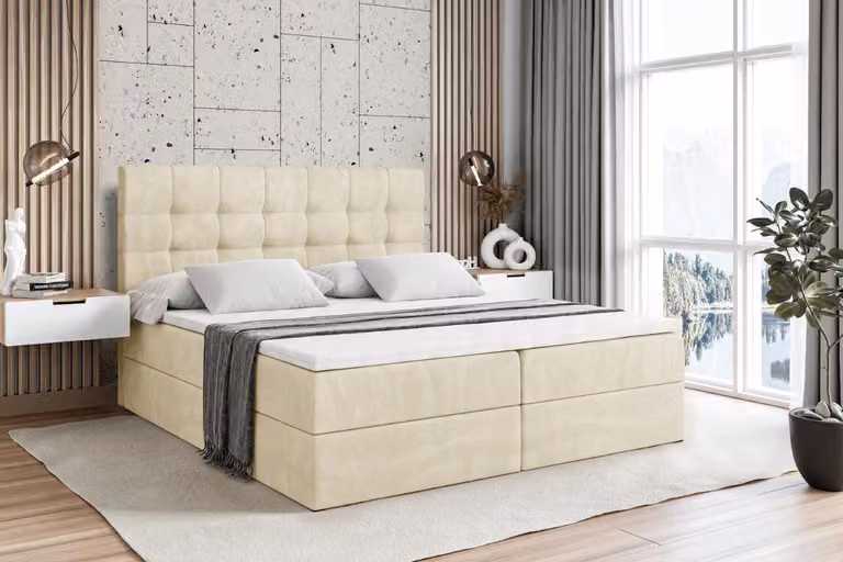 Letto boxspring ALTDECOR con materasso e rete a doghe - BERO - 200x200 cm - Beige Monolith - Letto boxspring, topper, letto imbottito con contenitore, letto con vano portaoggetti H3 - Materasso, letto matrimoniale, letto boxspring