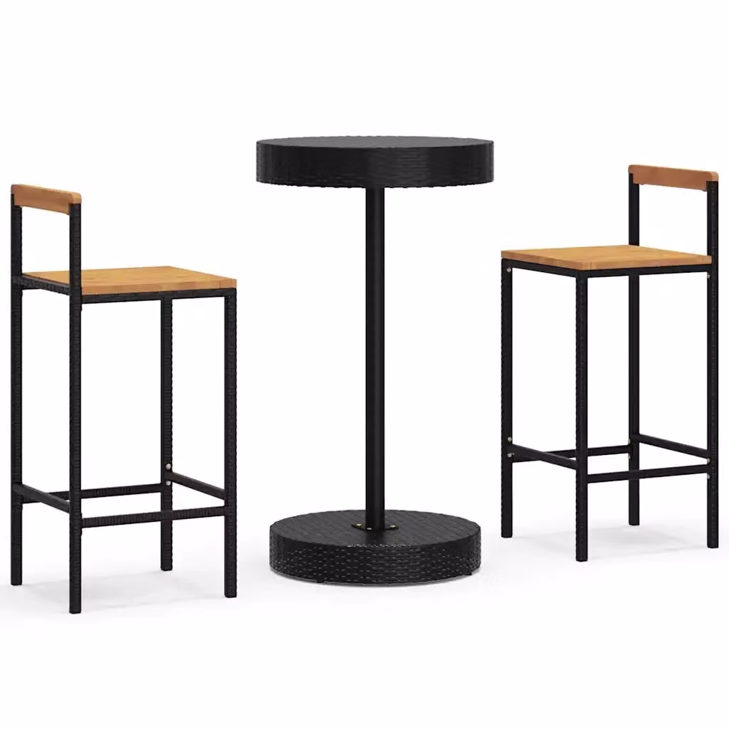 Set Bar da Giardino vidaXL in 3 Pezzi Nero in Polyrattan e Legno di Acacia – 2