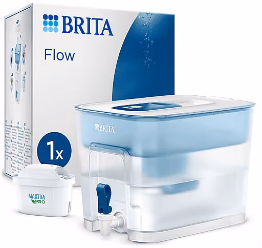 Dispenser filtrante acqua BRITA Flow blu con 8,5 l di capienza e 1 filtro MAXTRA PRO All-in-1 per la riduzione di cloro, calcare, PFAS e metalli