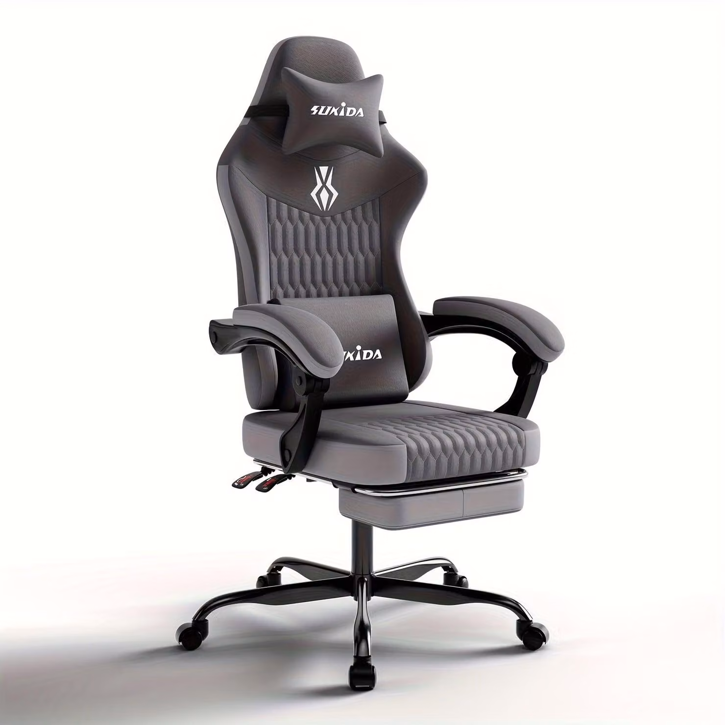 Sedia da gaming ergonomica con schienale regolabile, poggiapiedi e struttura in acciaio