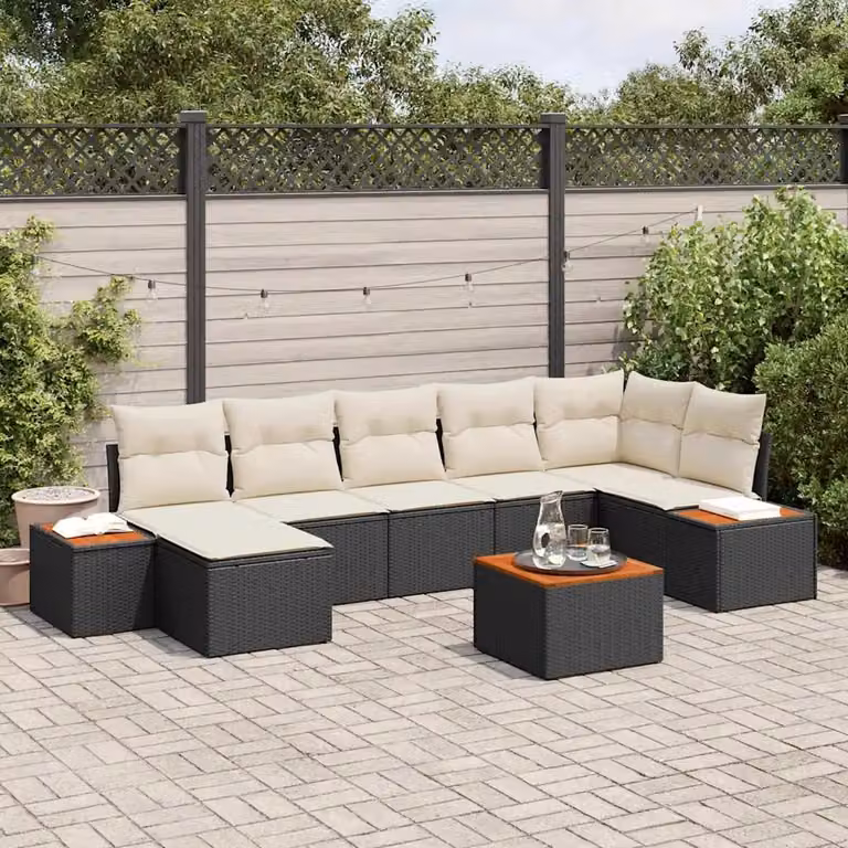 Set Divano da Giardino a L vidaXL 8 Pezzi Nero con Cuscini e Tavolino in Polyrattan e Acciaio