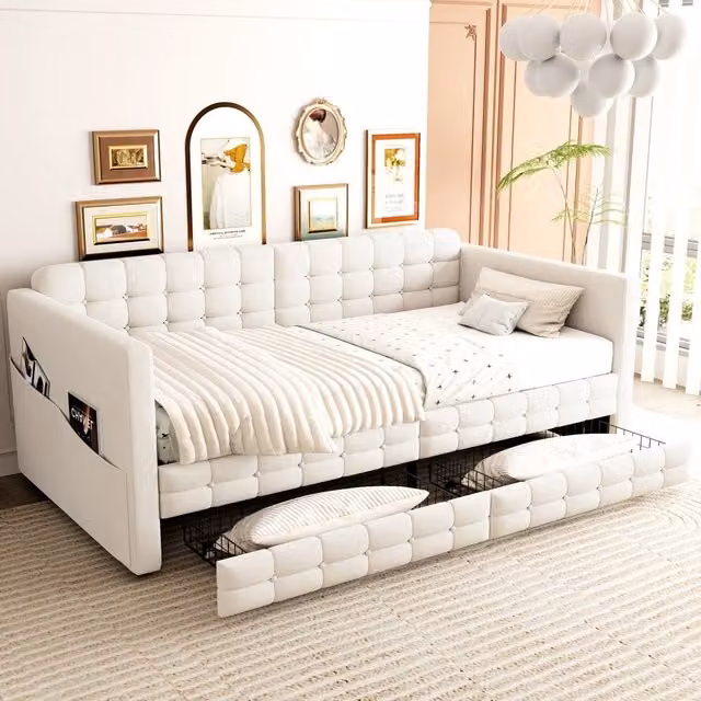 Letto singolo imbottito con contenitore e cassetti Minimal in velluto beige 90x190 cm