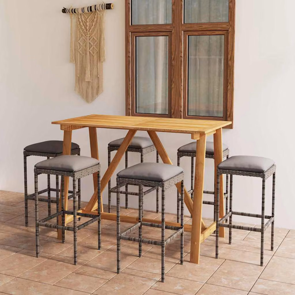 Set da bar da giardino vidaXL in rattan e legno di acacia con 7 pezzi e cuscini, colori grigio, antracite e marrone – 1
