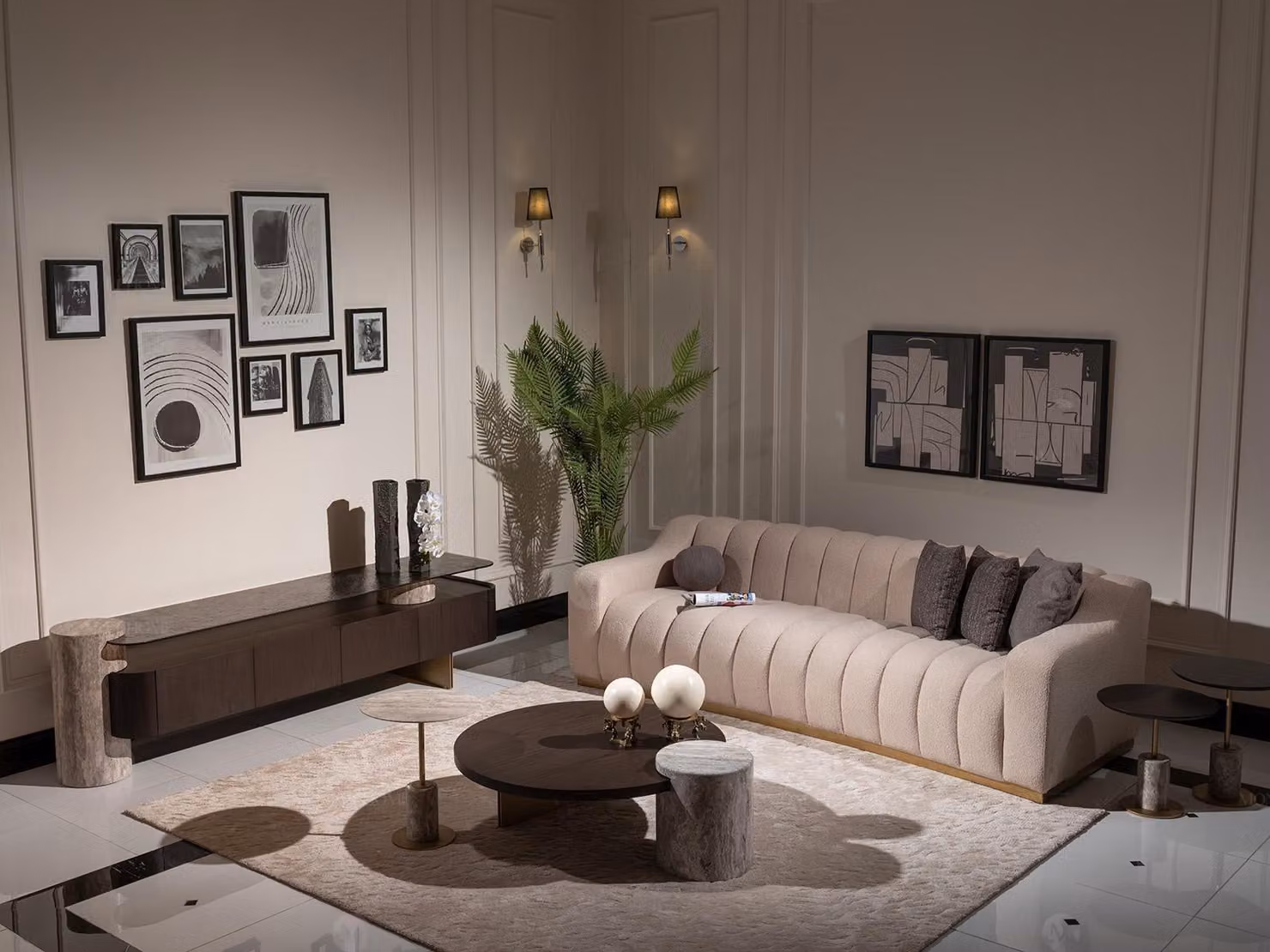 Luxus Komplette Wohnzimmer Sofa Beistelltische 6tlg Stoff Beige Holz