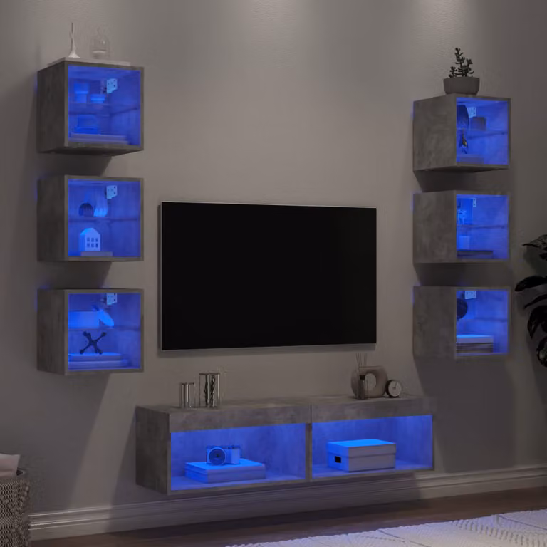 Mobile TV da parete vidaXL con 8 LED in legno multistrato e MDF, colore grigio cemento, L: 60 cm, P: 30 cm, H: 30 cm