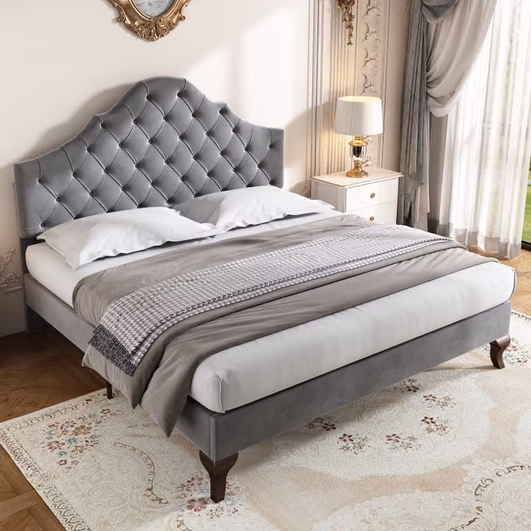 Letto imbottito Merax 90x200cm con testata a conchiglia, letto per ragazzi con rete a doghe, letto in legno massiccio letto per bambini letto singolo in velluto, grigio