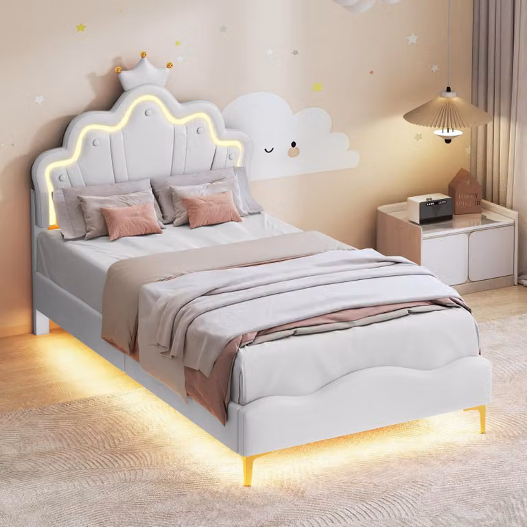 Letto imbottito INONEFT 90x200 cm con rete a doghe, letto per bambini con testiera a forma di , letto singolo per adolescenti con rivestimento in ecopelle, letto a forma di principessa, letto in legno, colore bianco