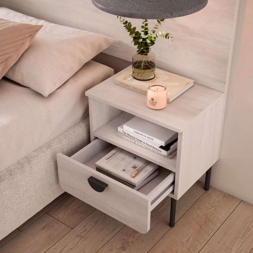 Comodino Herdasa con 1 cassetto in stile industrial, colore bianco e nero, L: 54 cm, P: 40 cm, H: 34 cm – 2