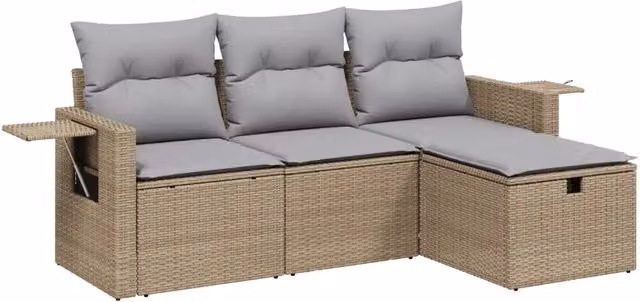 Set Divano da Giardino 4 pz | Set Salotto da Giardino con Cuscini Beige Misto Polyrattan