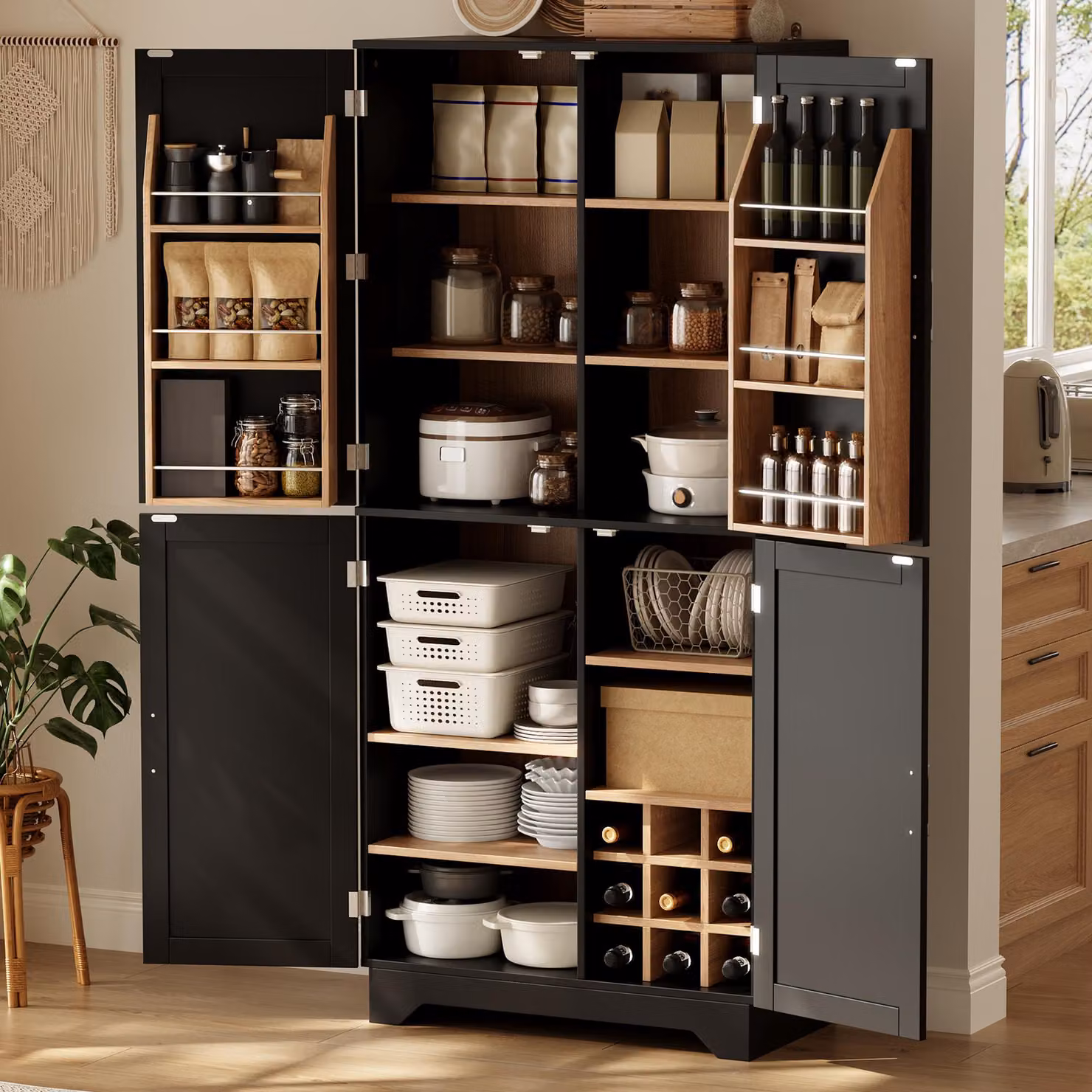 Armadio da cucina Flieks con 4 ante a griglia, mobile contenitore alto con ripiano per bottiglie e ripiano porta, mobiletto contenitore 80x40x180 cm, colore nero