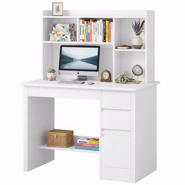 Tavolo Youth Loft bianco con ripiani e cassetti