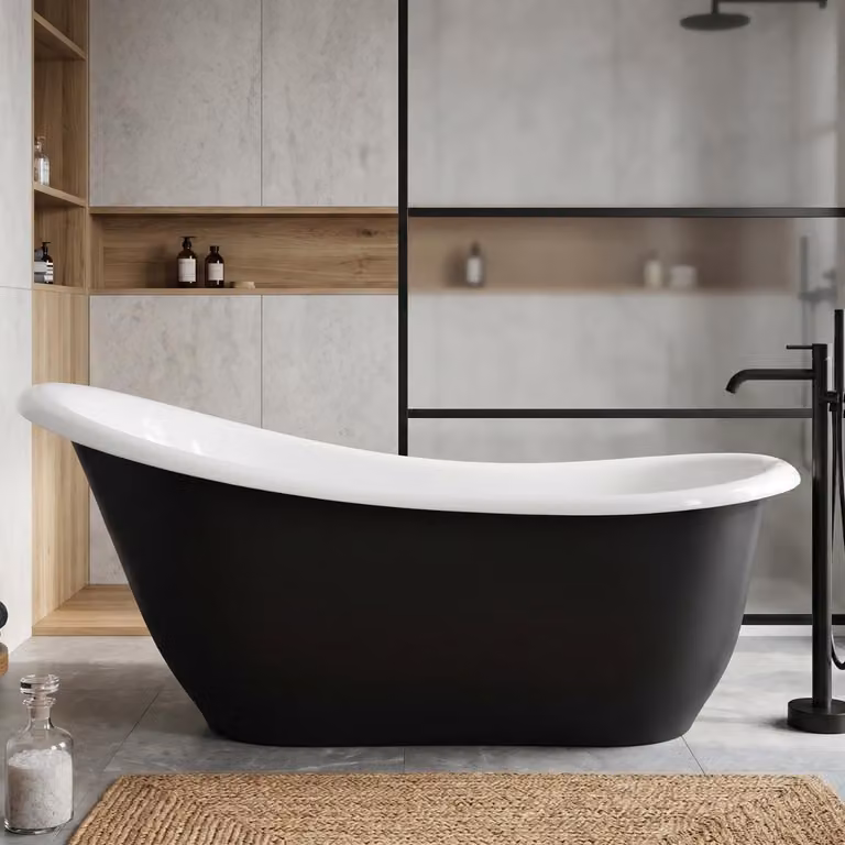 Vasca da bagno freestanding da 180 cm, bianco e nero, in composito, sifone in omaggio