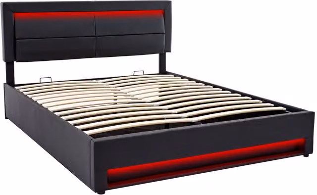 Letto imbottito 140 x 190 cm con porta USB, luce LED a 12 colori e spazio contenitore, design in PU nero, senza materasso