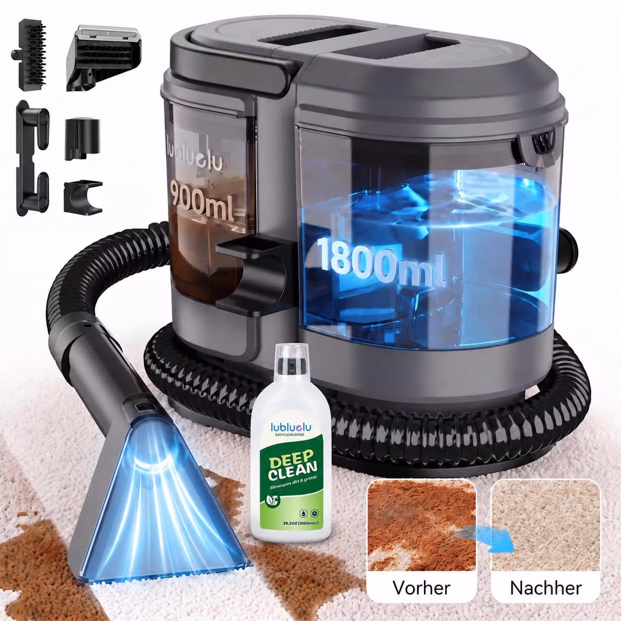 Lubluelu V1: Aspirapolvere per tappeti e imbottiti, pulitore per tappeti e tessuti con serbatoio detergente da 1 litro, 450W, con serbatoi d'acqua di grande capacità: 1,8 litri + 0,9 litri