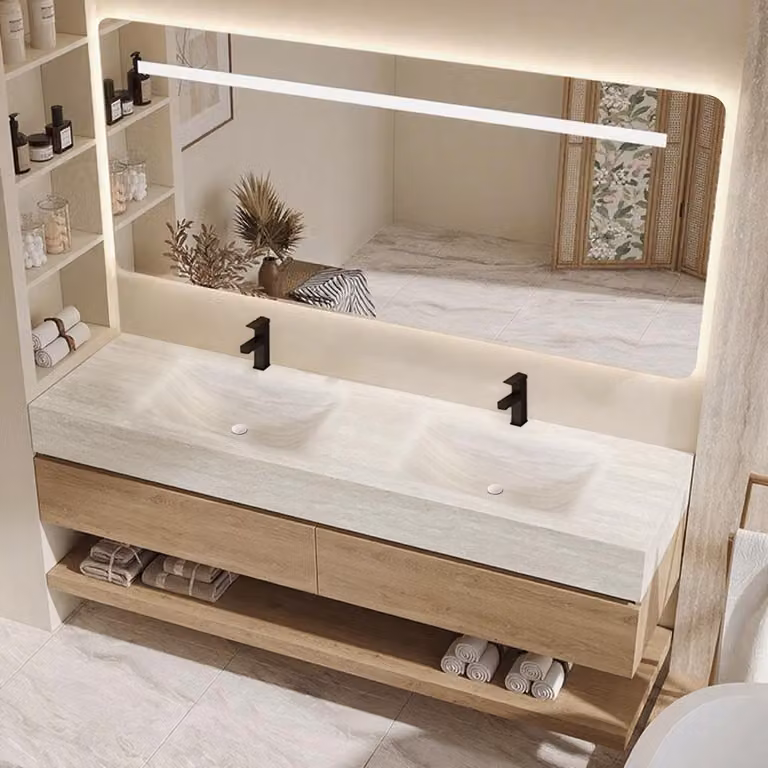 Set lavabo doppio sospeso, effetto travertino, con specchio, mobile sottolavabo, pietra sinterizzata, con foro per rubinetteria 150×55 cm【RW4822-150 K】