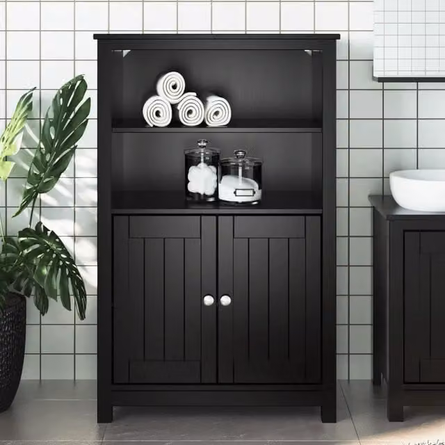 Mobile da bagno sospeso vidaXL in legno di pino nero con ante a battente e ripiani interni L: 69,5 cm, P: 34 cm, H: 110 cm