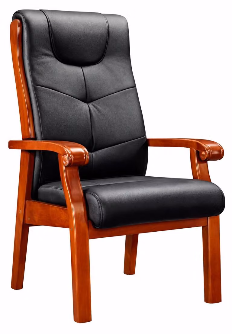 Sedia da conferenza con rivestimento in ecopelle nera e struttura in legno color marrone