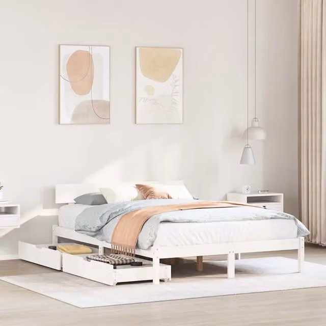 Letto singolo vidaXL in legno massello di pino bianco con cassetti stile rustico L/P/H: 140.5 x 196.5 x 70.0 cm