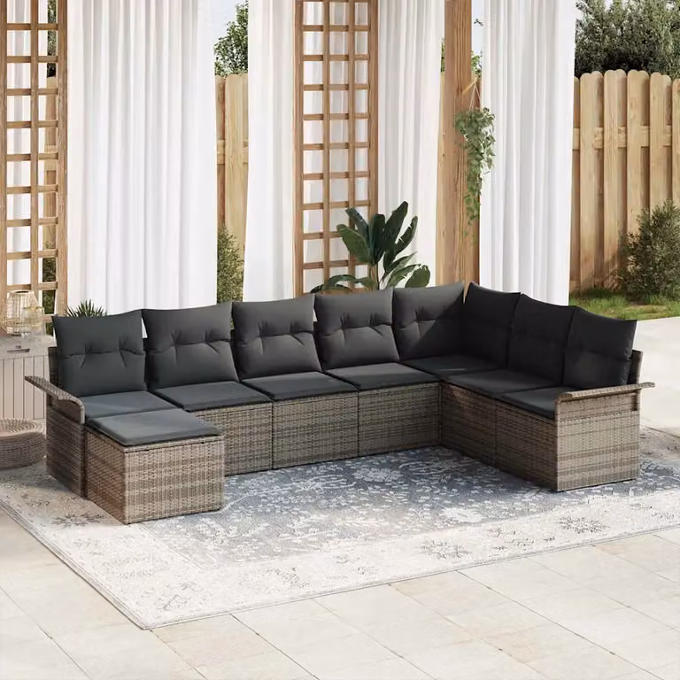 Set Divano da Giardino vidaXL 8 pz Grigio in Poly Rattan con Cuscini e Struttura in Acciaio