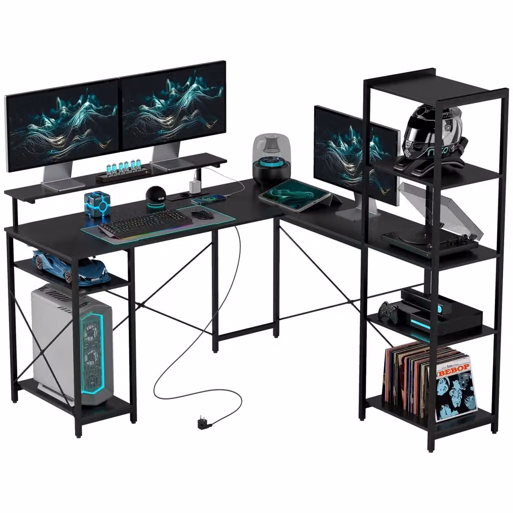 Scrivania Angolare Minimal con Supporto Monitor e Ripiani Nero L: 140 cm, P: 139,5 cm, H: 76,7 cm – 2