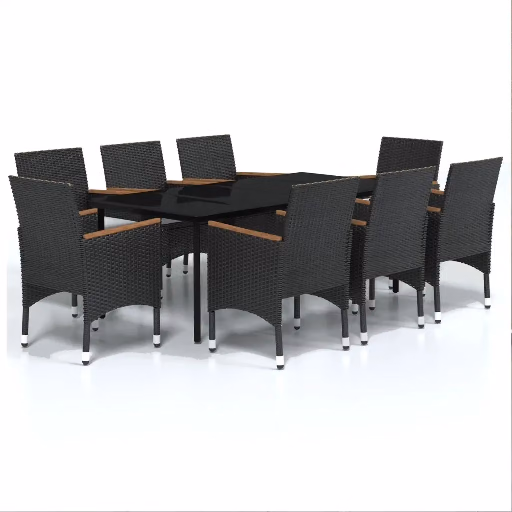 Set da pranzo da giardino vidaXL in polyrattan nero con cuscini e tavolo in vetro e legno di acacia, 9 pezzi – 2