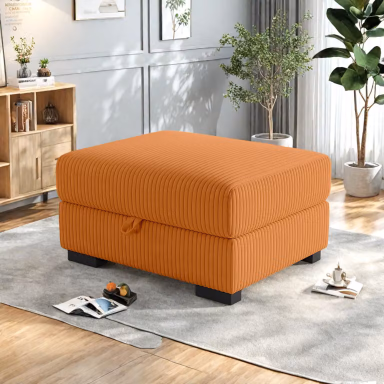 UnboxG Pouf arancione con spazio contenitore – Poggiapiedi / panca con contenitore, mobile imbottito moderno per soggiorno e camera da letto
